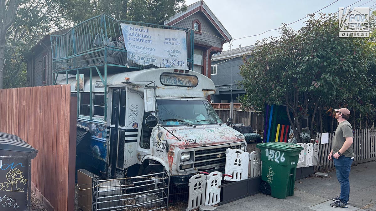 Views of a home in Oakland, with an old school bus in front