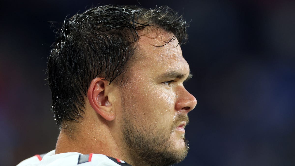 Jake Matthews close-up sideview looking on field