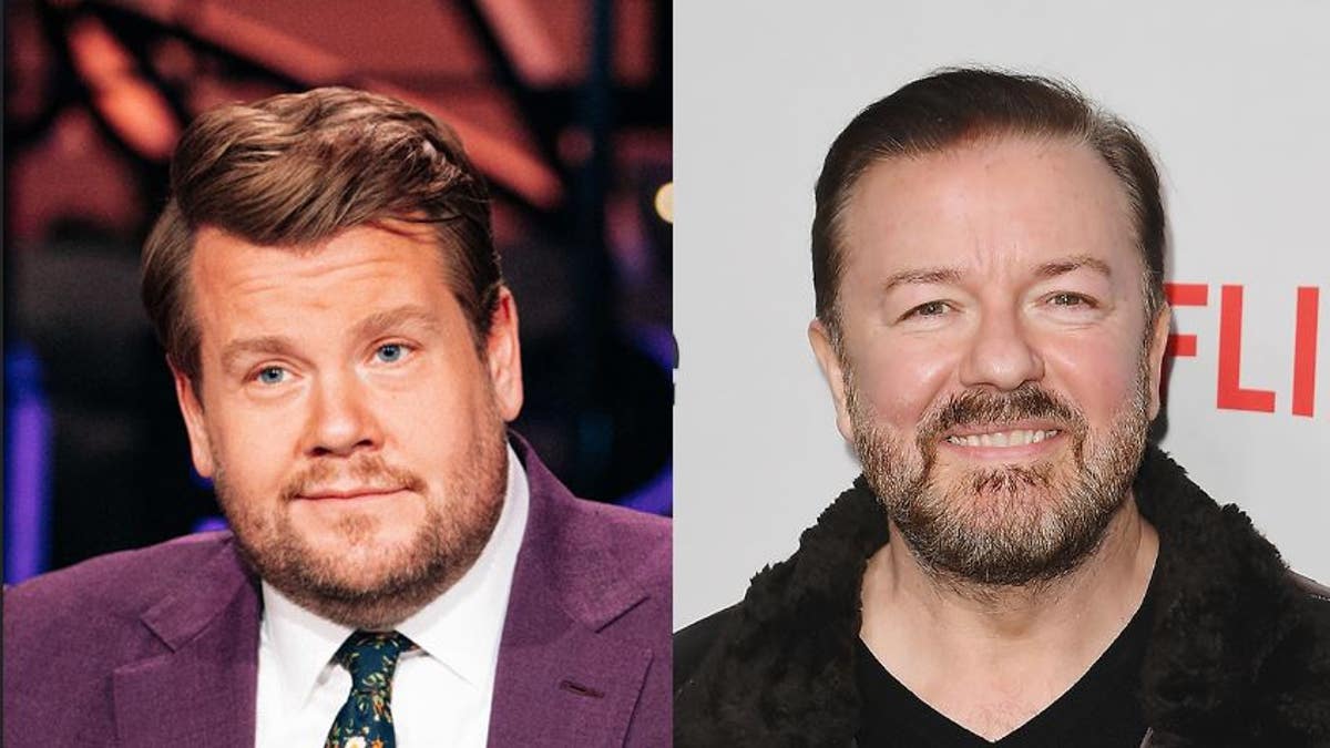 split photo of James Corden and Ricky Gervais