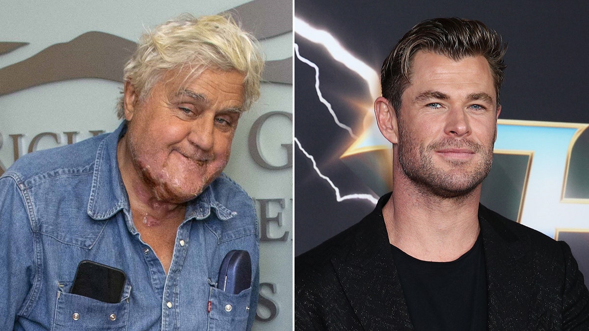 Jay Leno in a jean shirt smiles for first photo of him made public after his gasoline fire accident split Chris Hemsworth on the red carpet in a black shirt and suit