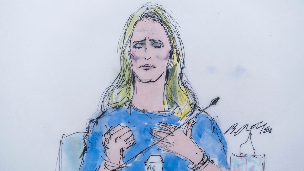 A courtroom sketch of Jennifer Siebel Newsom testifying