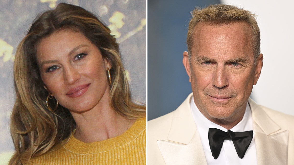 Gisele Bündchen smiles in a yellow top and Kevin Costner poses on the red carpet in a white tuxedo