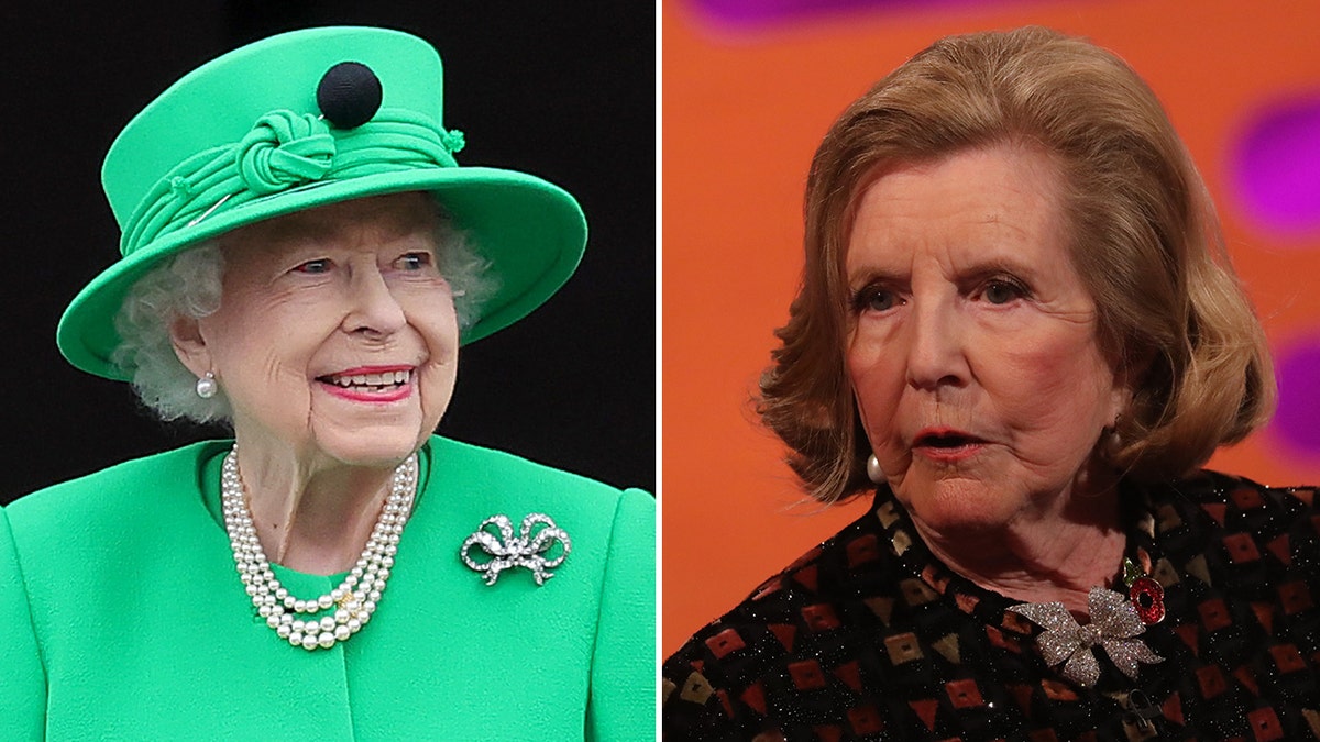 Queen Elizabeth in a green hat and matching suit split with Lady Anne in a black outfit on "The Graham Norton Show"