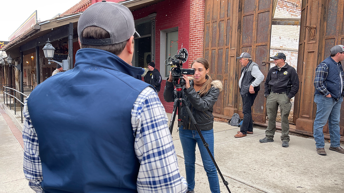 Fox News reporter Ashley Soriano interviews U.S. Senate candidate Adam Laxalt on his bus tour of rural Nevada.