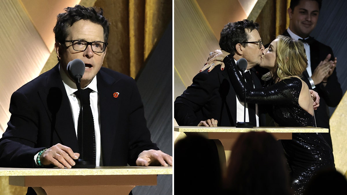 Michael J. Fox spoke on stage and was kissed by his wife at the 2022 Governor Awards where he was given an honorary Oscar