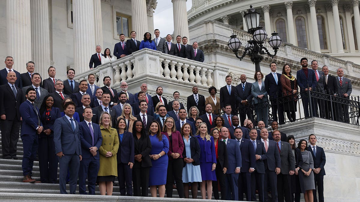 New members stand on Capitol Hill steps for freshman photo