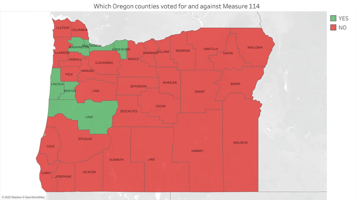 Map shows Oregon counties that voted in favor and against gun control measure