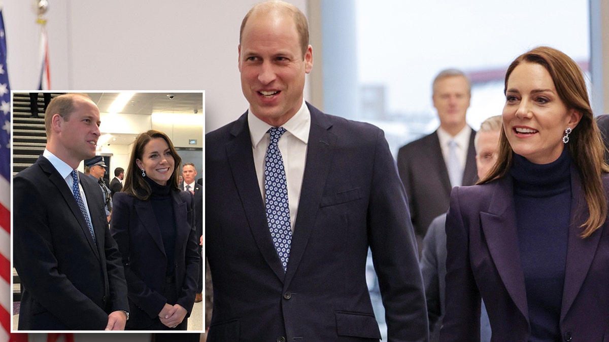 Prince William, Duchess of Wales walk through airport in matching suits