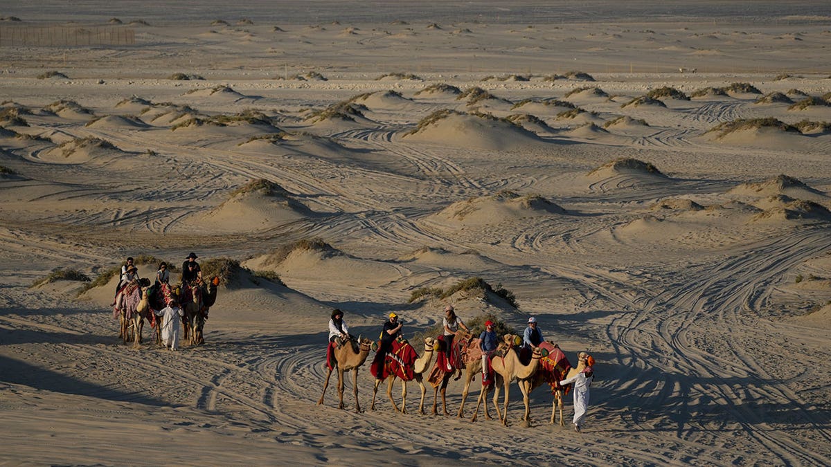 Tourists take selfies while riding camels around sand dunes in Qatar