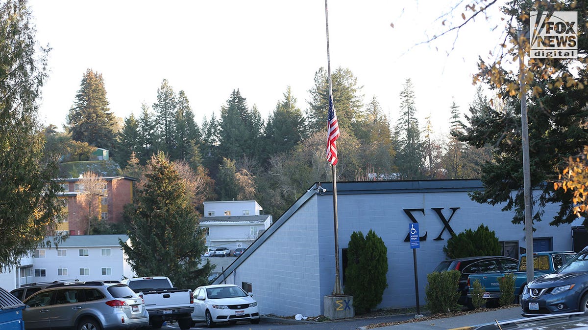 General view of the Sigma Chi house in Moscow, Idaho, on Monday. Visible in the background just to the left of the roof is the home where four University of Idaho students, including Sigma Chi fraternity brother Ethan Chapin, were murdered.