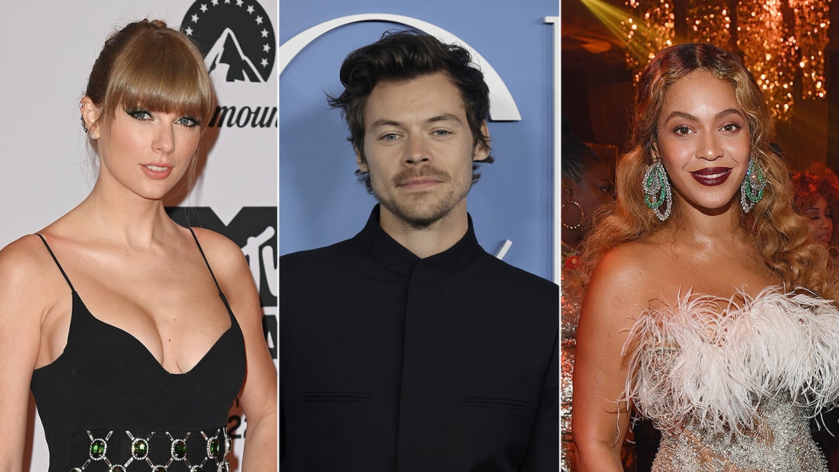 Taylor Swift in a black dress, Harry Styles in a black shirt and suit and Beyoncé in a white feather and sparkle dress