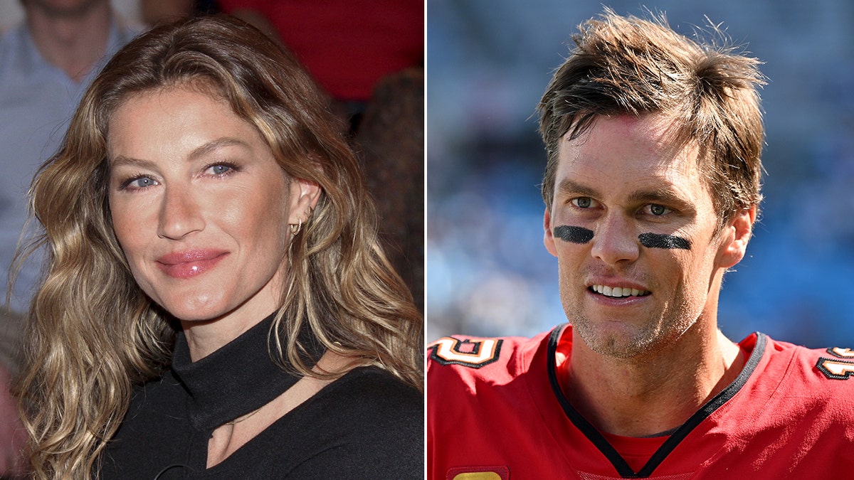 Gisele Bündchen smiles in a black cut-out sweater split Tom Brady in his red Tampa Bay Buccaneers uniform