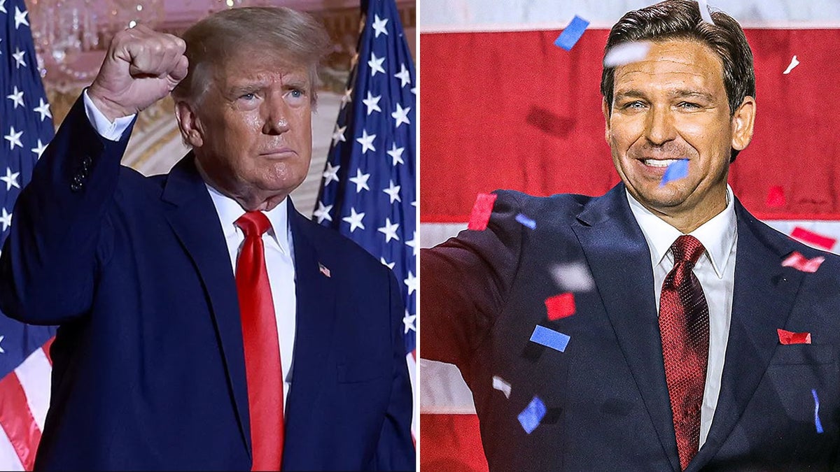A split image featuring former president Donald Trump with hand raised on the left and Florida Gov DeSantis smiling on the right