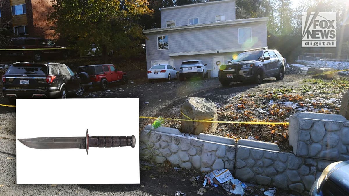 Ka-Bar knife inset in front of house where students were murdered.