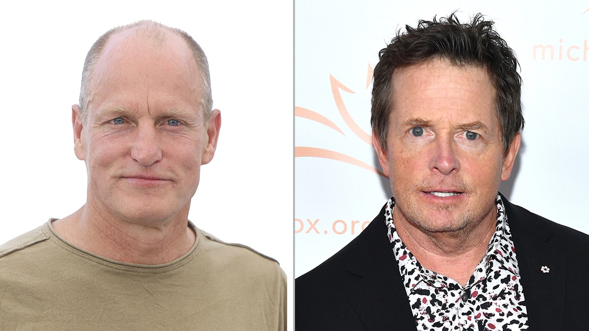 Woody Harrelson in a tan shirt split Michael J. Fox in a printed shirt and black jacket