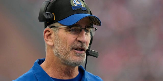 Indianapolis Colts head coach Frank Reich stands during the first half of an NFL football game against the New England Patriots on Sunday, November 6, 2022 in Foxboro, Massachusetts.