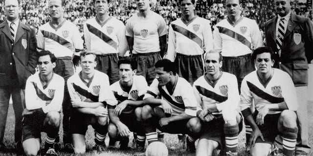 The 1950 USA Team: (back row, left to right) Coach Chubby Lyons, Joe Maca, Charlie Colombo, Frank Borghi, Harry Keough, Walter Bahr, Coach Bill Jeffrey;  (front row, left to right) Frank Wallace, Ed McIlvenny, Gino Pariani, Joe Gaetjens, John Souza, Ed Souza.