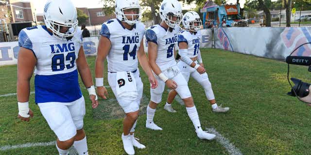 IMG Academy players after losing to the Manatee Hurricanes at Joe Kinnan Field at Hawkins Stadium in Bradenton, Florida, on August, 19, 2022.