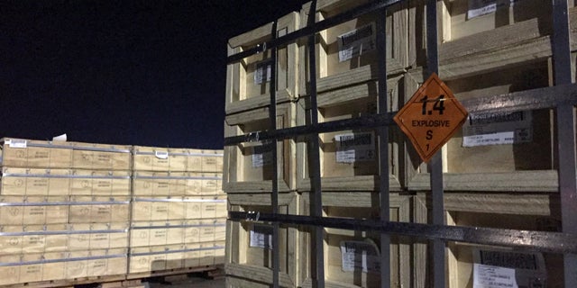 FILE PHOTO: Military aid, delivered as part of US security assistance to Ukraine, is unloaded from a plane at Boryspil International Airport outside Kyiv, Ukraine.