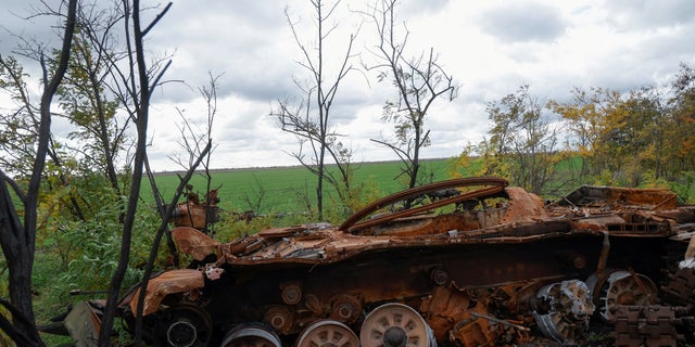 A destroyed Russian T-72 tank is seen near a front line, during the Russian attack on Ukraine, in the Mykolaiv region, Ukraine, on October 26, 2022. 