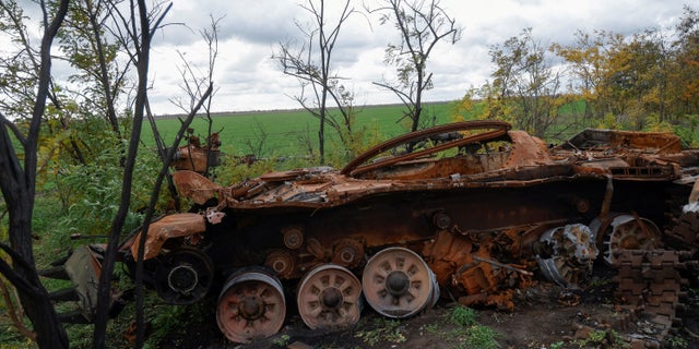 A destroyed Russian T-72 tank is seen near a frontline, amid Russia's attack on Ukraine, in Mykolaiv region, Ukraine October 26, 2022. 