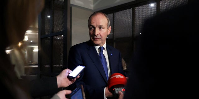 Taoiseach Micheal Martin of Ireland speaks to members of the media while attending the British-Irish Council Summit, in Blackpool, England, on November 10, 2022. 