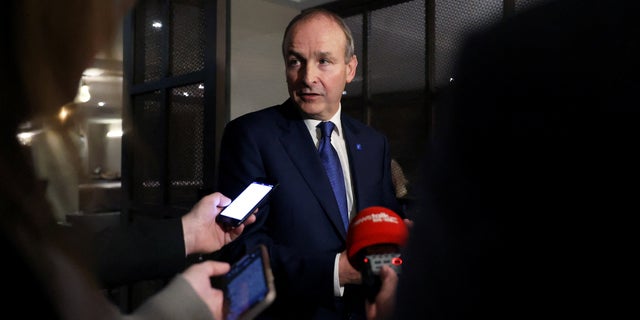 Ireland's Taoiseach Micheal Martin speaks to members of the media as he attends the British-Irish Council Summit, in Blackpool, England, November 10, 2022. 