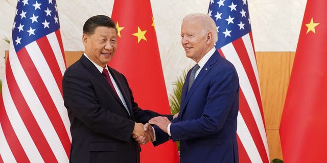 US President Joe Biden shakes hands with Chinese President Xi Jinping as they meet on the sidelines of the G20 leaders' summit in Bali, Indonesia, November 14, 2022.  