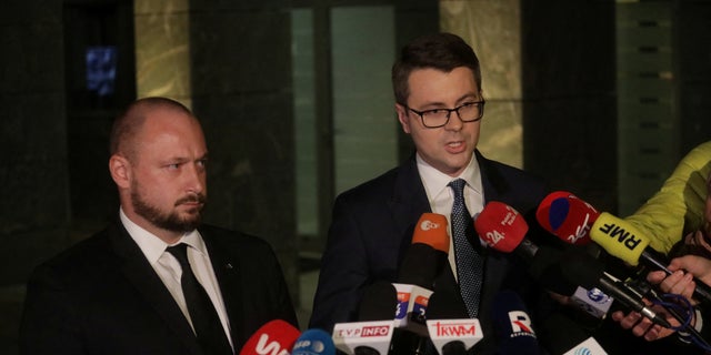 Polish government spokesman Piotr Muller speaks to the media after a meeting in Warsaw of the security committee about the missile attack on the territory of Poland Nov.  15, 2022.  