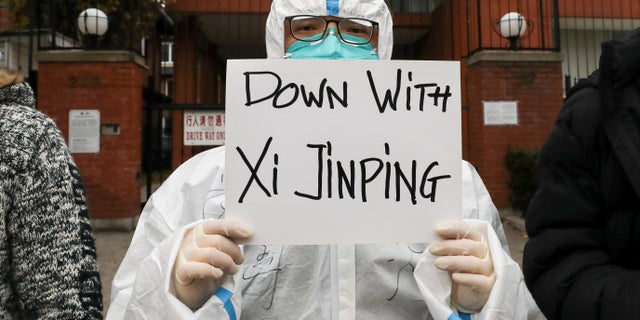 A person holds a banner during a protest in solidarity over the coronavirus disease (COVID-19) restrictions in mainland China. REUTERS/Chris Helgren