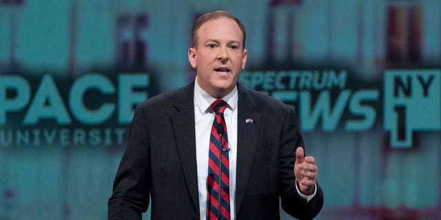 Rep. Lee Zeldin, the Republican candidate for New York governor, participates in a debate against incumbent Democratic Gov.  Kathy, on Oct. 25, 2022, at Pace University in New York.