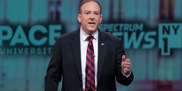Rep. Lee Zeldin, the Republican candidate for New York governor, participates in a debate against incumbent Democratic Gov. Kathy, on Oct. 25, 2022, at Pace University in New York.