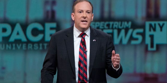 Rep. Lee Zeldin, the Republican candidate for New York governor, participates in a debate against incumbent Democratic Gov.  Kathy, on Oct. 25, 2022, at Pace University in New York.