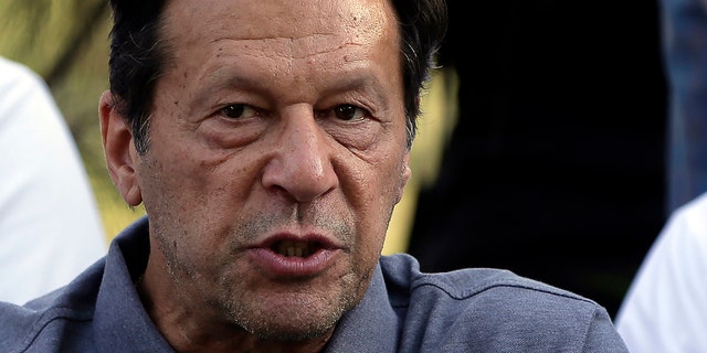 Former Pakistani Prime Minister Imran Khan speaks during a news conference in Islamabad on April 23, 2022. Pakistani officials said Thursday, Nov. 3, 2022, that a gunman opened fire at a container truck carrying Khan, wounding him slightly and also some of his supporters.