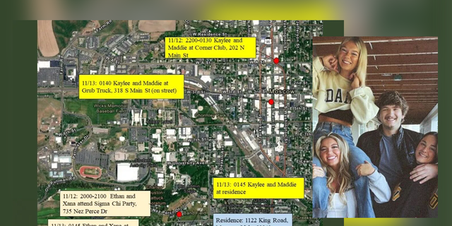 A map showing the movements of four University of Idaho students in the hours before they were murdered. 