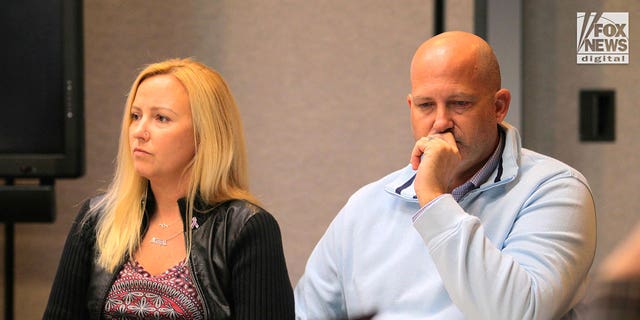 A press conference is held by Gabby Petito's family in Salt Lake City, Utah, on Nov. 3, 2022. The family is filing a wrongful death suit against Moab Police Department. Seated, left to right, are Tara and Joseph Petito.