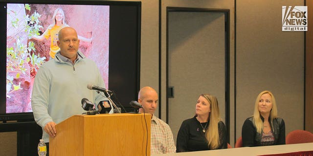 A press conference is held by Gabby Petito's family in Salt Lake City, Utah, Thursday, November 3, 2022. The family is filing a wrongful death suit against Moab Police Department. Joseph Petito is speaking at the podium. Seated, left to right are Jim Schmidt, Nichole Schmidt, and Tara Petito.