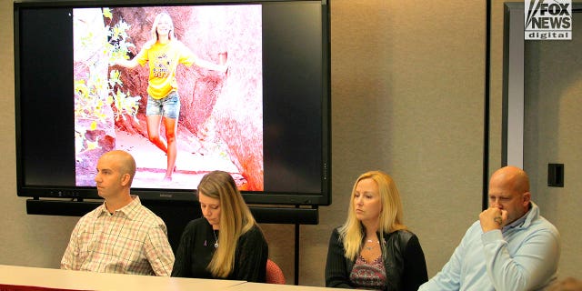 A press conference is held by Gabby Petito's family in Salt Lake City, Utah, Thursday, November 3, 2022. The family is filing a wrongful death suit against Moab Police Department. Seated, left to right are Jim Schmidt, Nichole Schmidt, Tara Petito, and Joseph Petito.