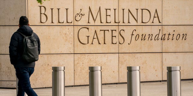 A Bill & Melinda Gates Foundation sign is seen taped to a wall on May 4, 2021 in Seattle, Washington.