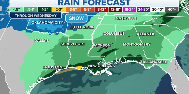 Expected rainfall totals in the southern U.S. through Wednesday.