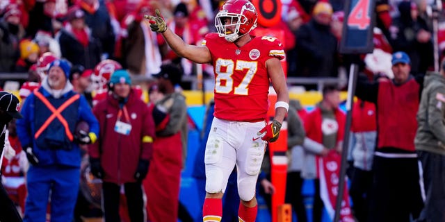 Travis Kelce of the Kansas City Chiefs reacts after a first down in the fourth quarter against the Jacksonville Jaguars at Arrowhead Stadium on Nov. 13, 2022, in Kansas City.