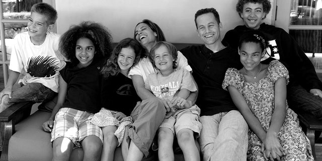 Kirk Cameron is pictured with his wife, Chelsea Noble, and their six children. "It's so beautiful to see so many movements happening, perhaps providentially, guiding the nation back to its founding principles," he told Fox News Digital. 