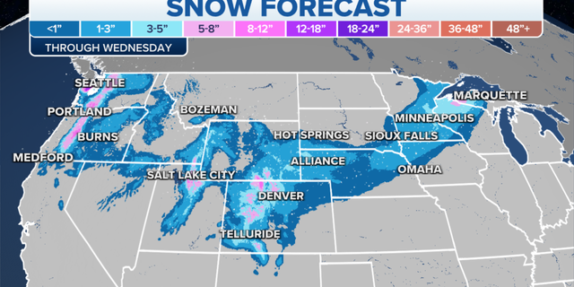 Expected snowfall totals for this week around the U,S.