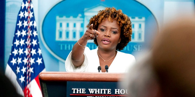 White House press secretary Karine Jean-Pierre takes a question from a reporter at a press briefing at the White House in Washington, D.C., on Wednesday. 