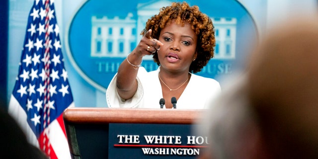 White House press secretary Karine Jean-Pierre takes a question from a reporter at a press briefing at the White House in Washington, D.C., on Wednesday. 