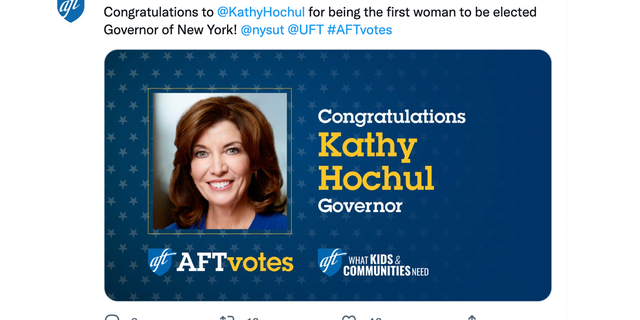 AFT tweet congratulating Kathy Hochul. 