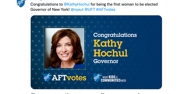 AFT tweet congratulating Kathy Hochul.