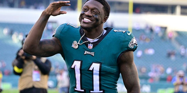 Philadelphia Eagles wide receiver A.J. Brown celebrates after their victory over the Pittsburgh Steelers during an NFL football game between the Pittsburgh Steelers and Philadelphia Eagles, Sunday, Oct. 30, 2022, in Philadelphia. 