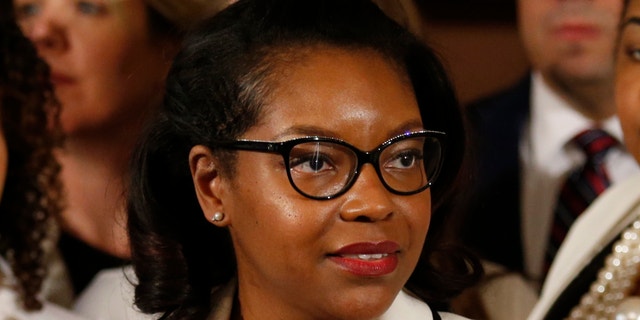 Ohio House minority leader Emilia Sykes delivers the Democrat's response to Gov. Mike DeWine's State of the State address at the Ohio Statehouse in Columbus, Ohio, March 5, 2019. 