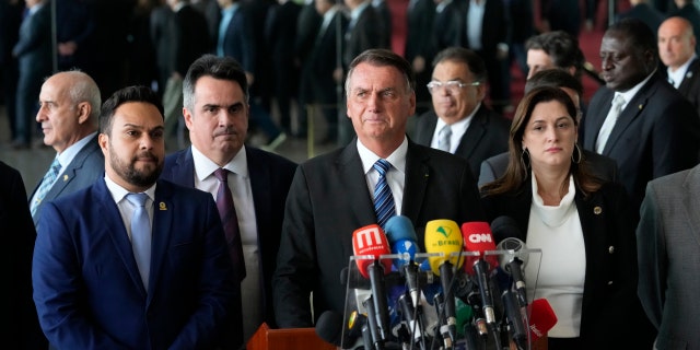 Brazilian President Jair Bolsonaro speaks from his official Alvorada Palace residence in Brasilia, Brazil, Tuesday, Nov. 1, 2022, the leader's first public comments since losing the Oct. 30 presidential runoff.